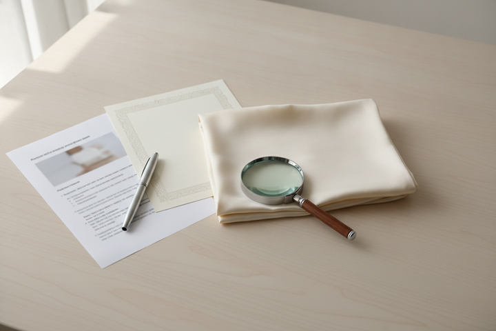 Silk certification claim audit with a silk item, saved product details, and certification paperwork arranged for comparison