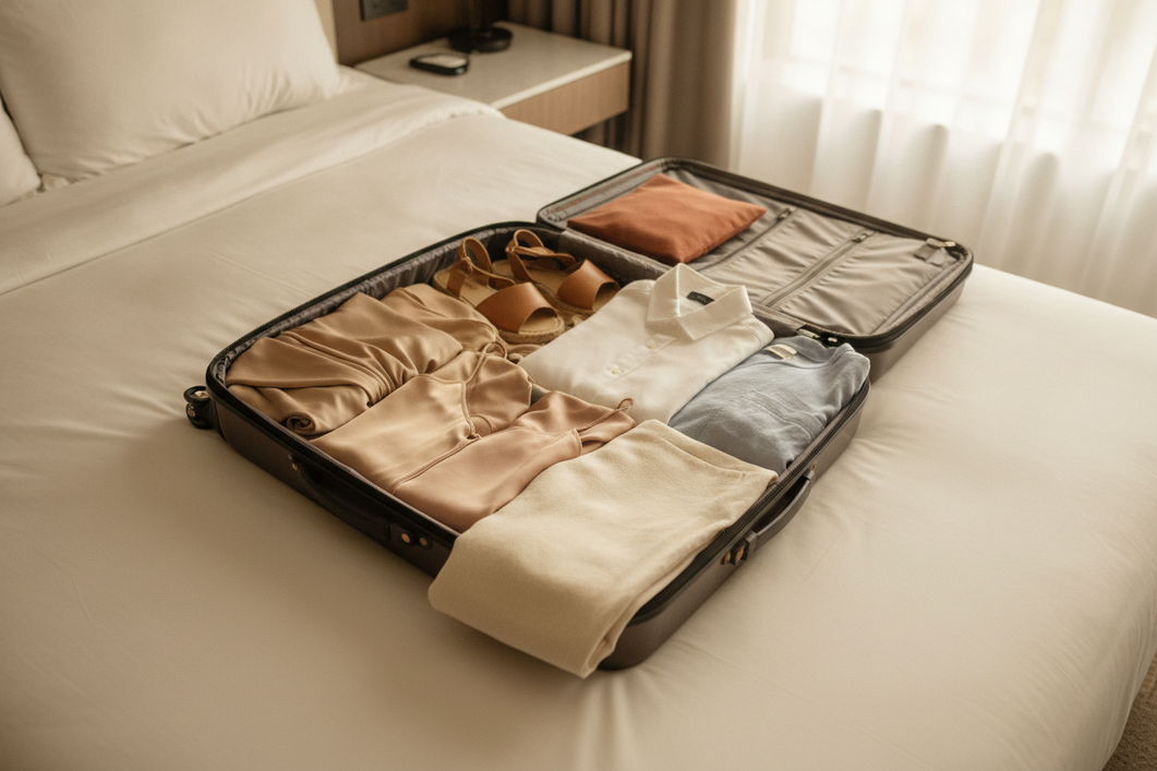 Open carry-on suitcase with neatly arranged silk and linen summer travel clothing for mixed dress codes