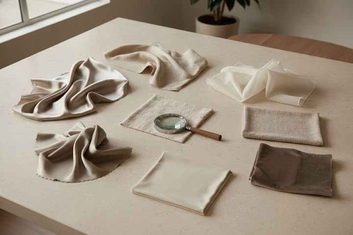 Several silk fabric samples arranged for a visual quality comparison, showing different surfaces, drape, and textures.