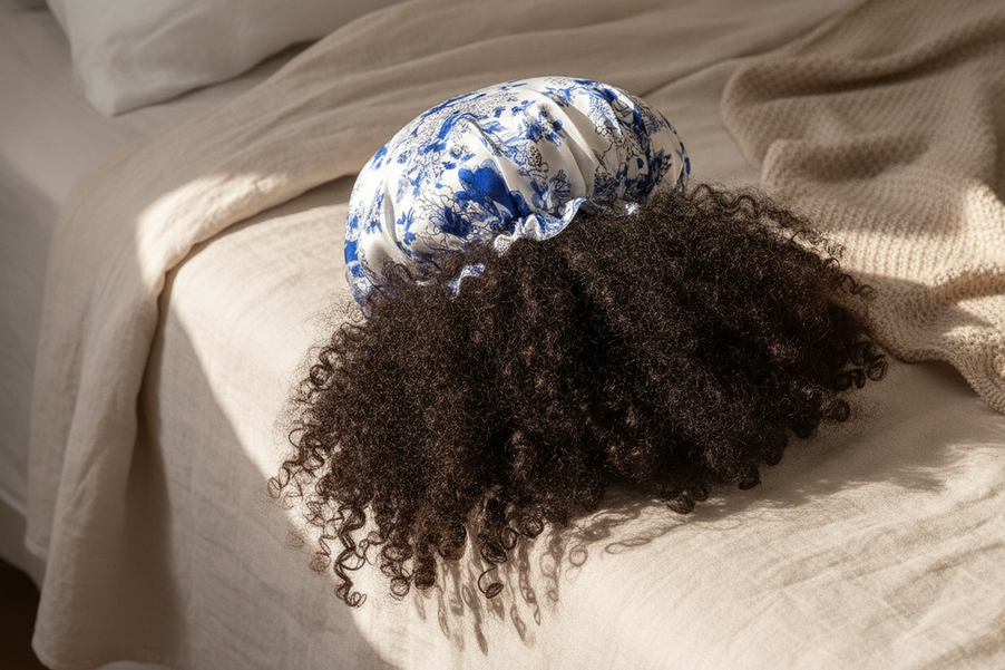 Silk bonnet arranged over thick, voluminous curls in a calm bedroom setting
