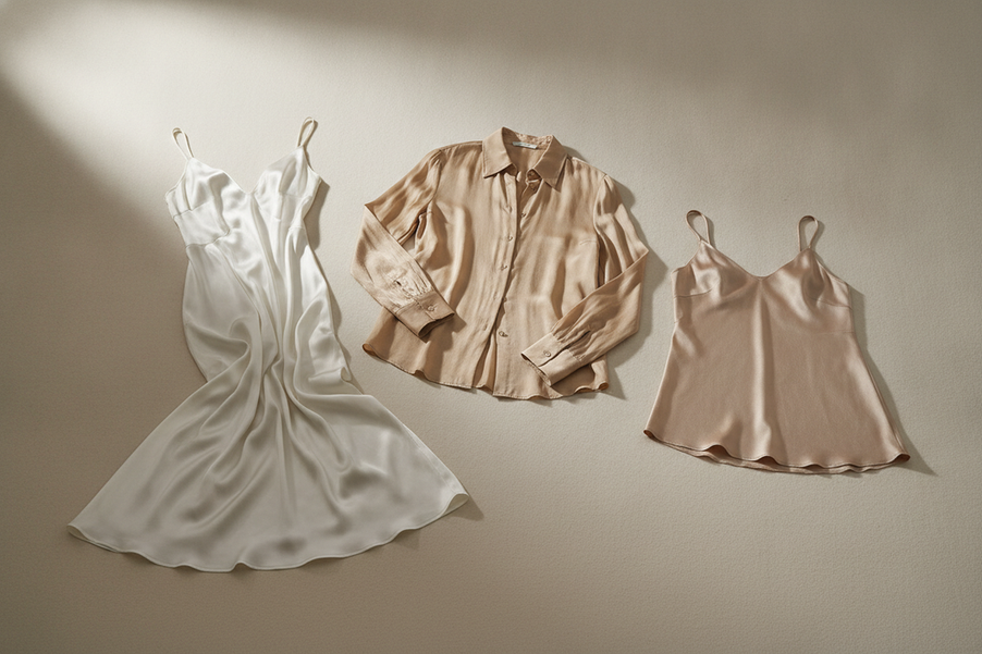 Silk dress, blouse, and camisole arranged for a coverage comparison in soft natural light