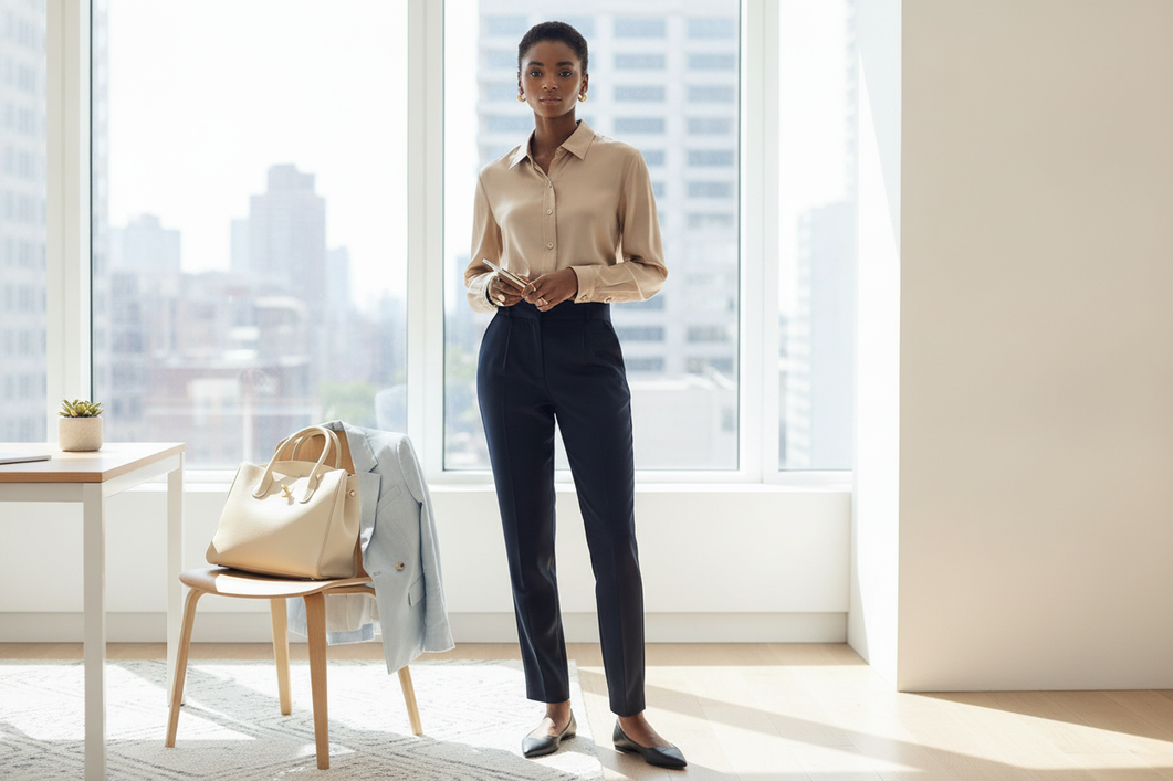 Person wearing a polished silk shirt with tailored summer workwear in an office setting