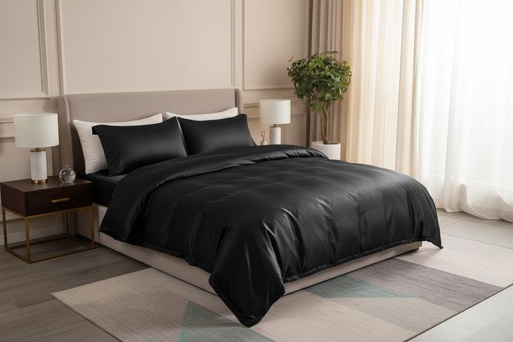 A 25-momme pure silk duvet cover arranged with two matching pillowcases on a neatly made bed