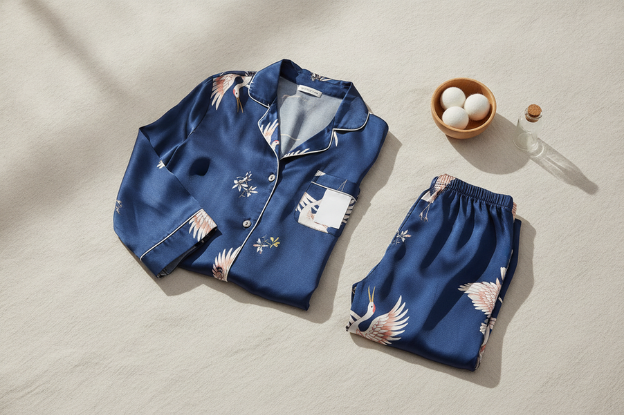 Silk pajama set arranged with a care tag and gentle laundry accessories for a machine-wash decision