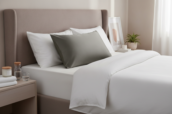 Silk pillowcase arranged on a neatly made bed beside a small skincare routine, presented as a broad shopping overview.