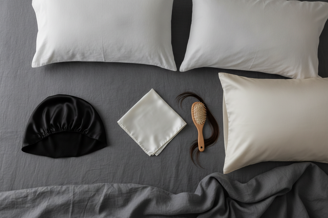A broad comparison scene showing a silk bonnet, a silk scarf, and a silk pillowcase arranged for an overnight straight-hair routine.