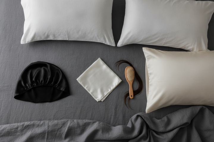 A broad comparison scene showing a silk bonnet, a silk scarf, and a silk pillowcase arranged for an overnight straight-hair routine.