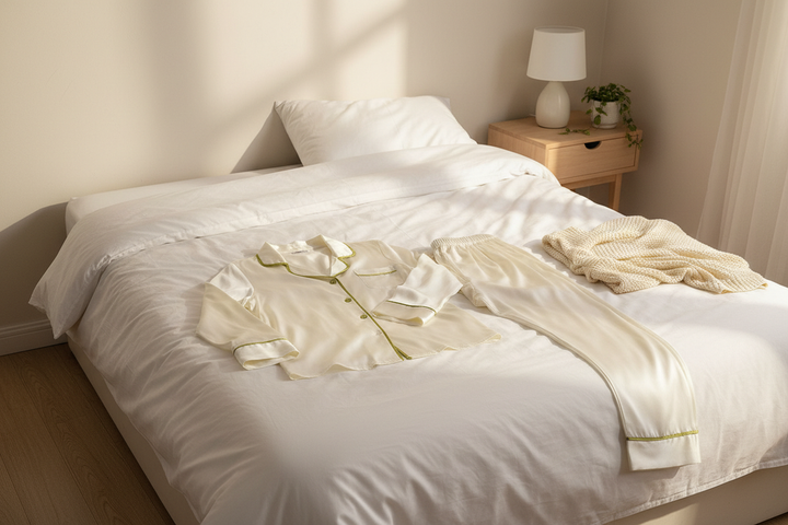 Silk pajama set arranged on a neatly made bed in a calm bedroom, showing a relaxed fit with room to move.