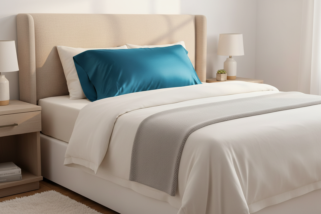 Silk pillowcase shown on a neatly arranged bed with a full, deep pillow inside