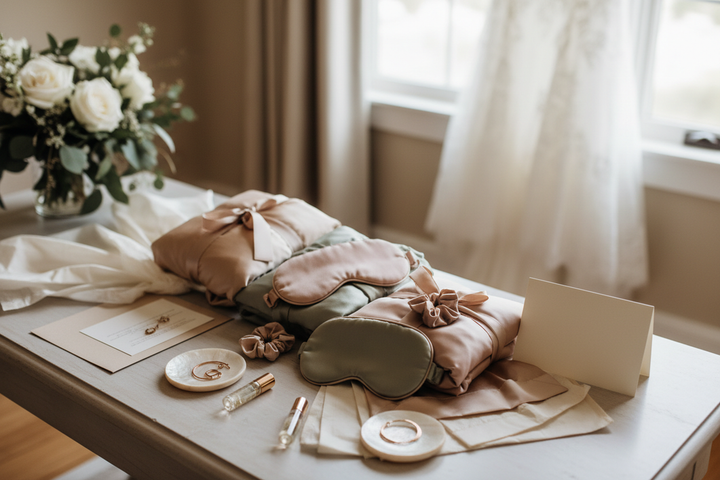 Silk bridesmaid gifts arranged for a wedding morning, including accessories and relaxed gift presentation details.