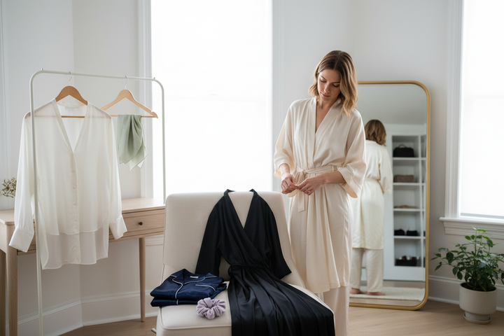 Silk garments arranged for a careful between-wash inspection, including sleepwear, a robe, a blouse, a dress, a scarf, and accessories in a bright home setting
