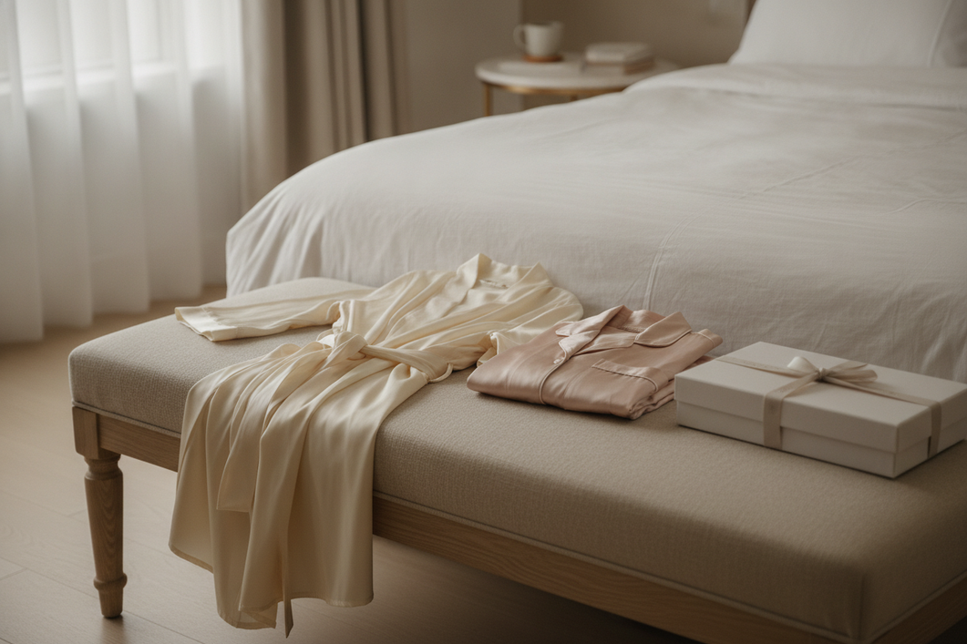 Silk robe arranged in a polished bedroom setting for getting ready, lounging, or gifting