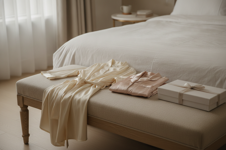 Silk robe arranged in a polished bedroom setting for getting ready, lounging, or gifting