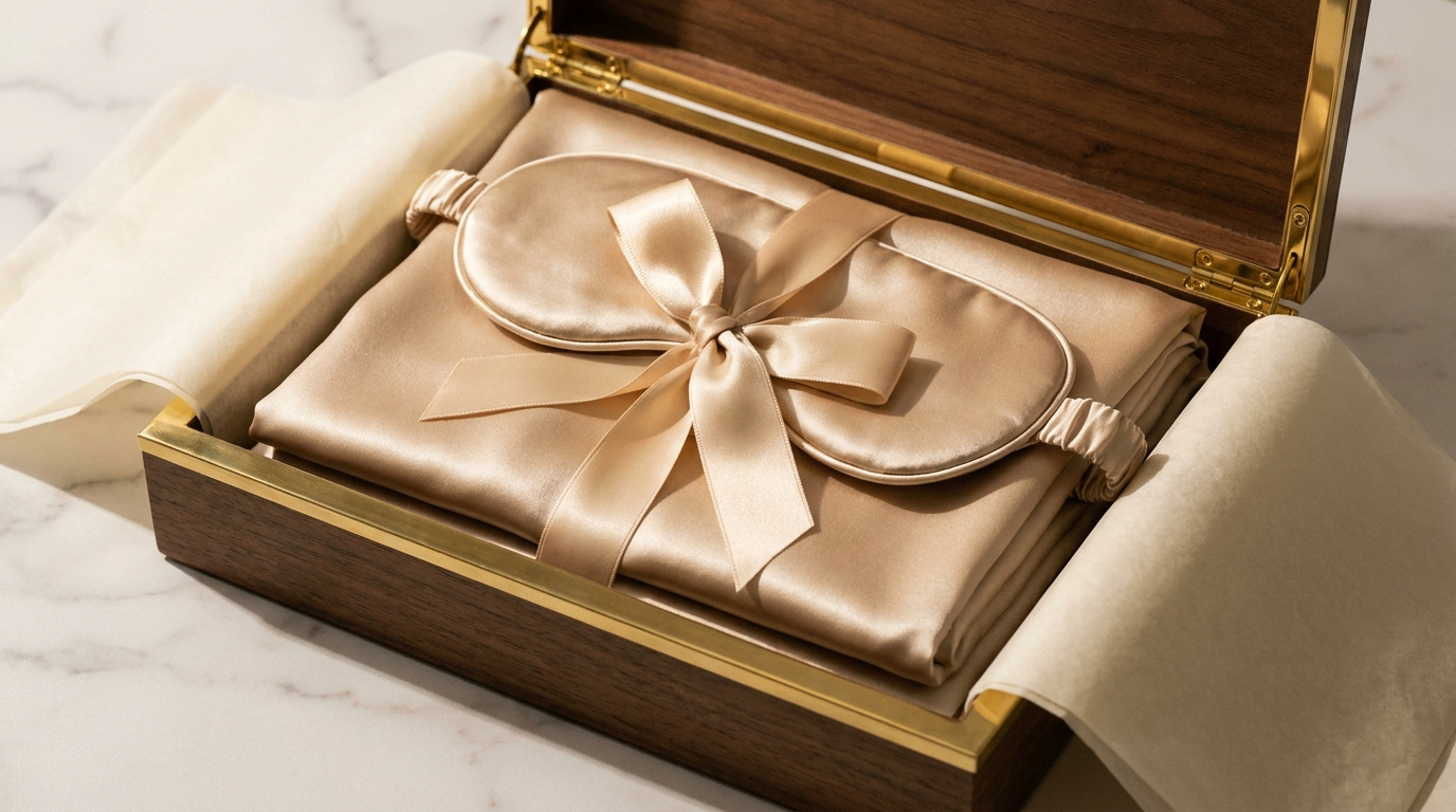Elegant silk gift box with pillowcase and ribbon on marble surface