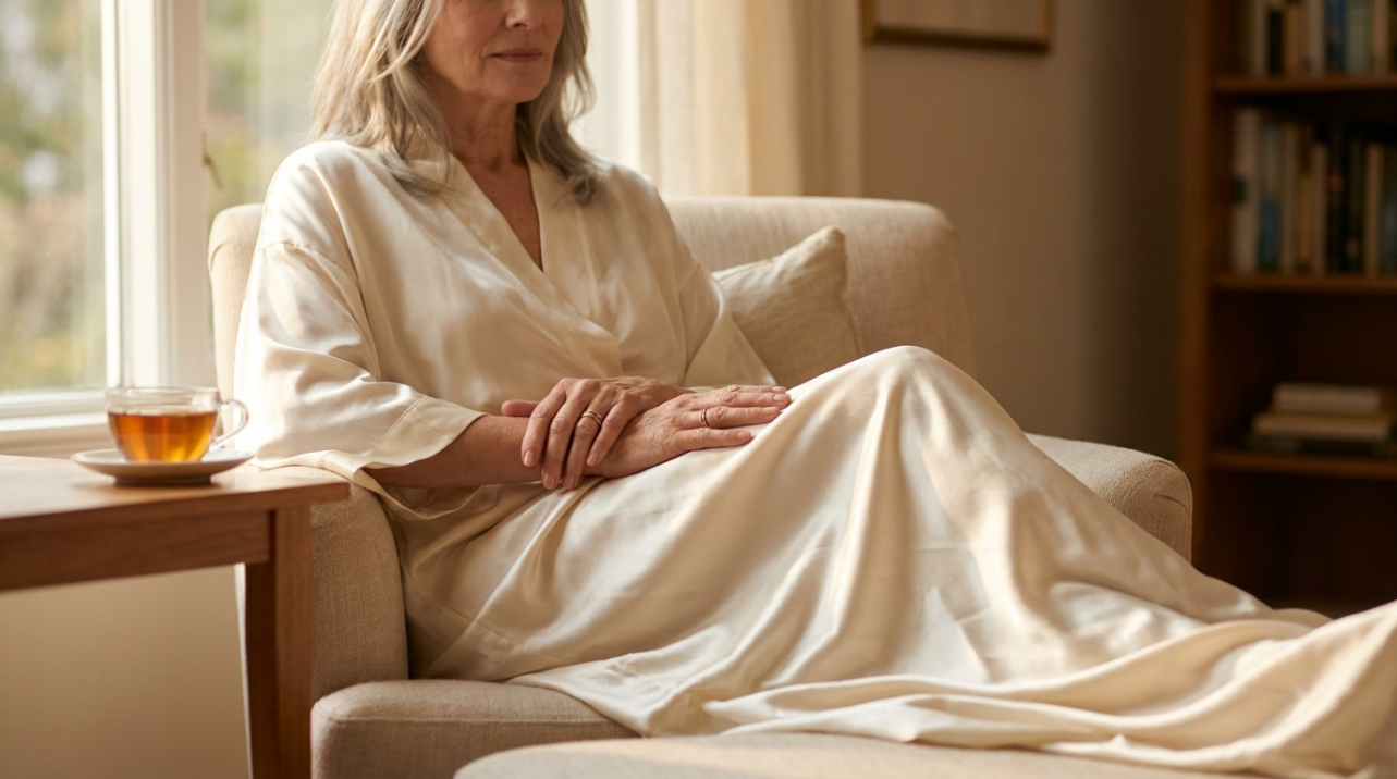 Mature woman in ivory silk sleepwear sitting peacefully by window light