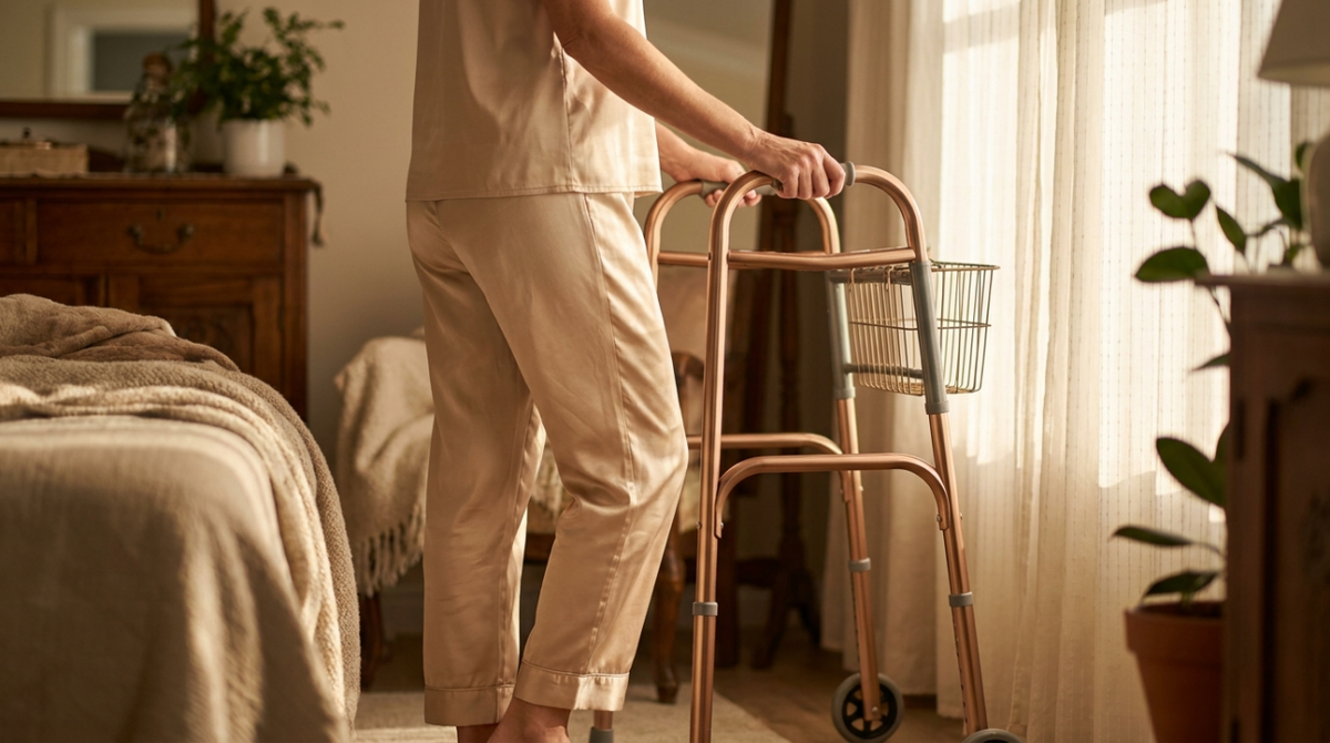 Model wearing fitted silk pajama pants with safe ankle-length hem beside walker