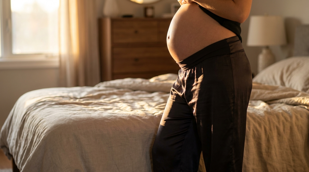 Pregnant woman wearing silk maternity pajamas with fold-over waistband in softly lit bedroom