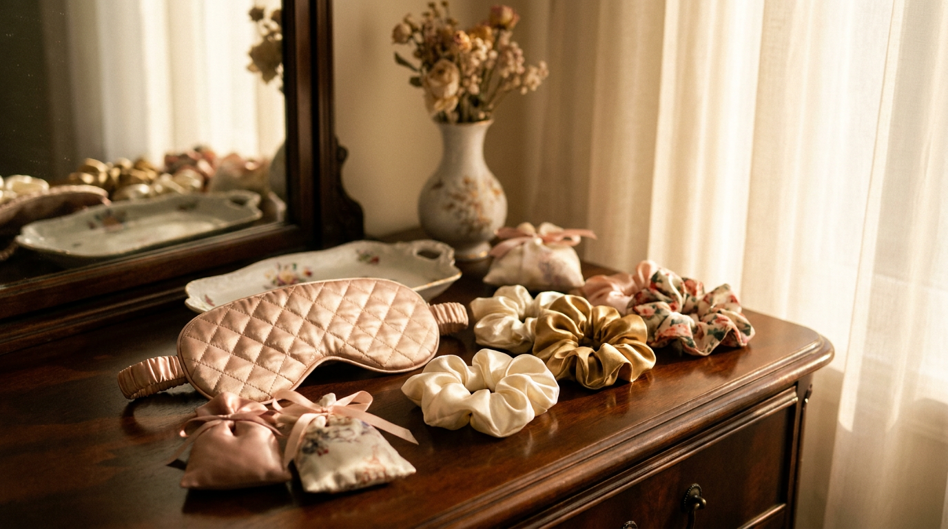 Repurposed silk accessories arranged on elegant bedroom vanity