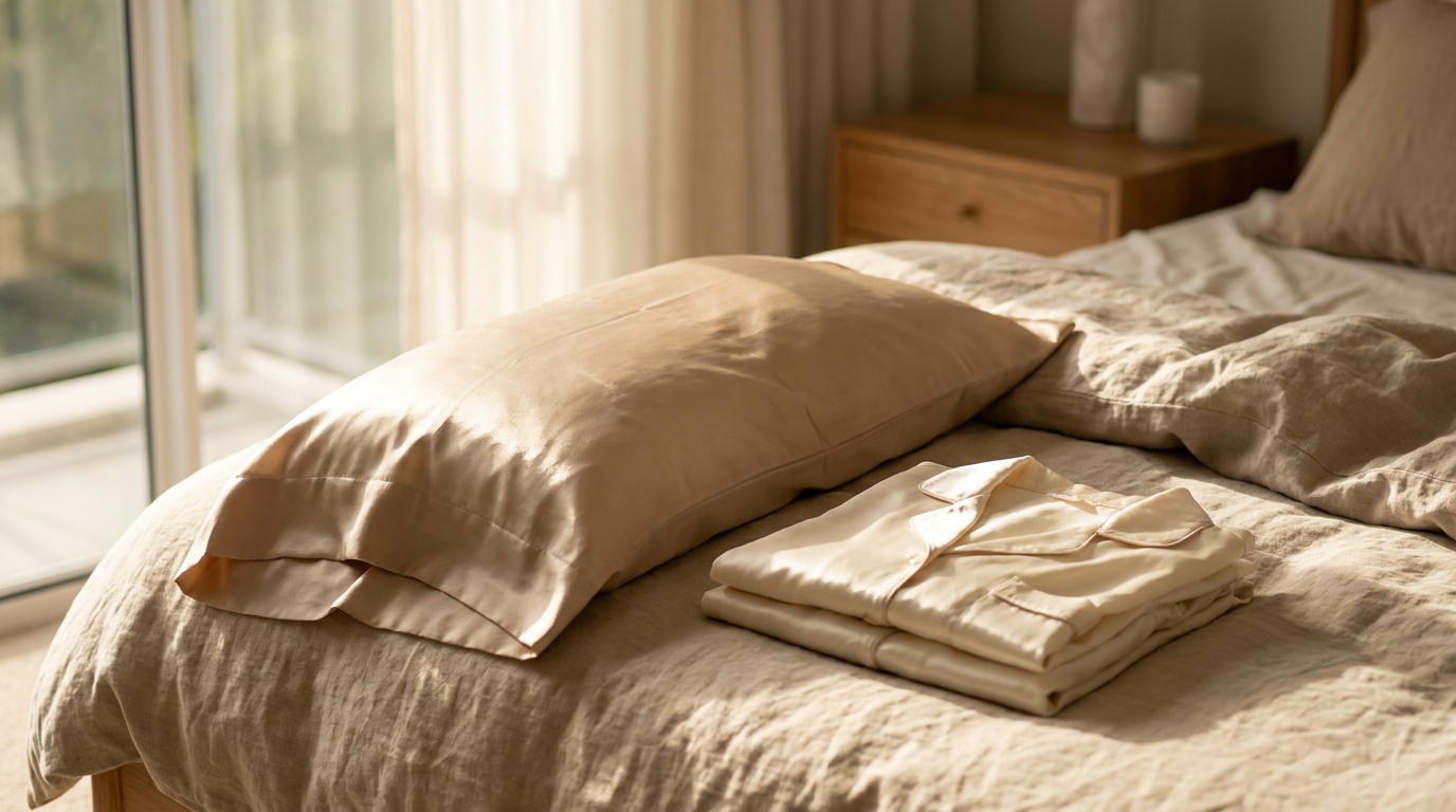 Silk pillowcase and sleepwear arranged on bedroom linens in natural light