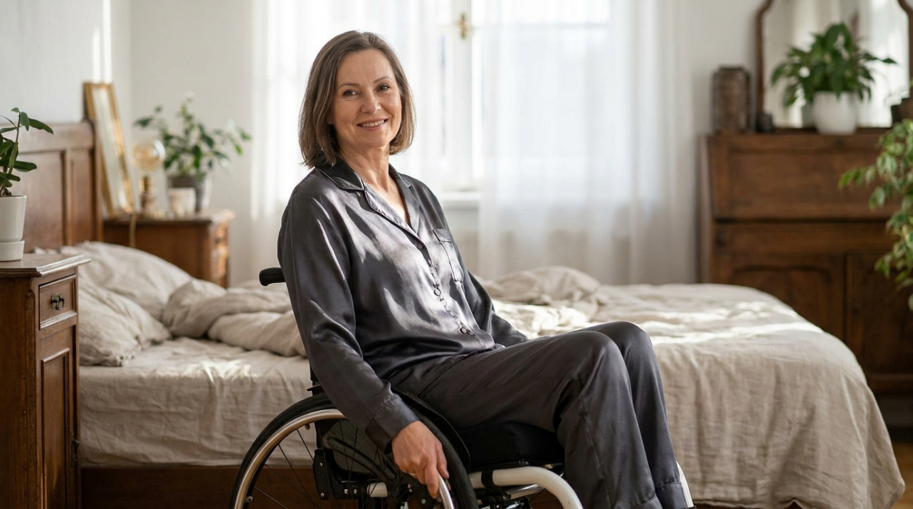 Wheelchair user wearing silk pajamas in sunlit bedroom