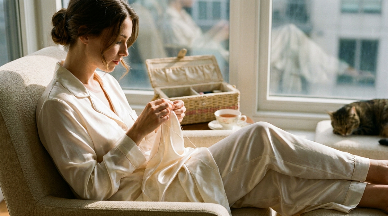 Woman gently mending a silk garment in soft natural light
