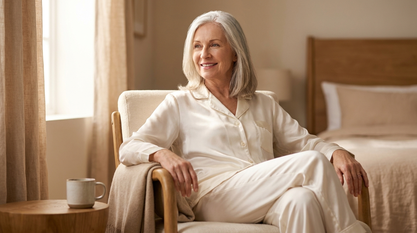 Woman in button-front silk pajamas seated in soft morning light