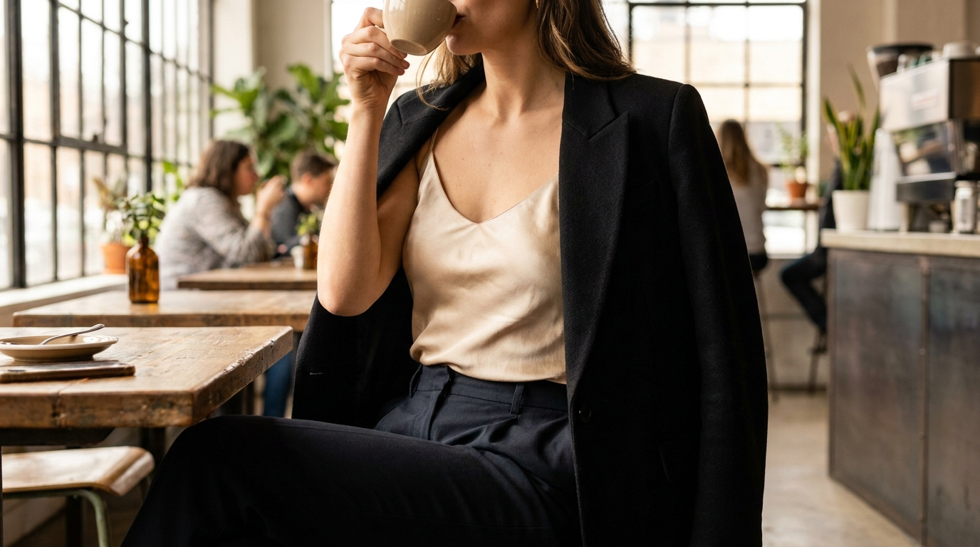 Woman in silk camisole and blazer standing confidently in coffee shop