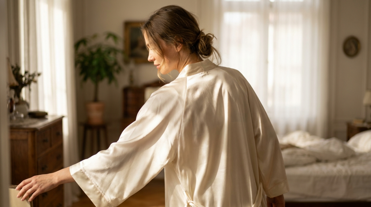 Woman in silk robe reaching forward to test shoulder mobility
