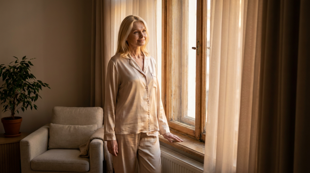 Woman in silk sleepwear by window at dusk