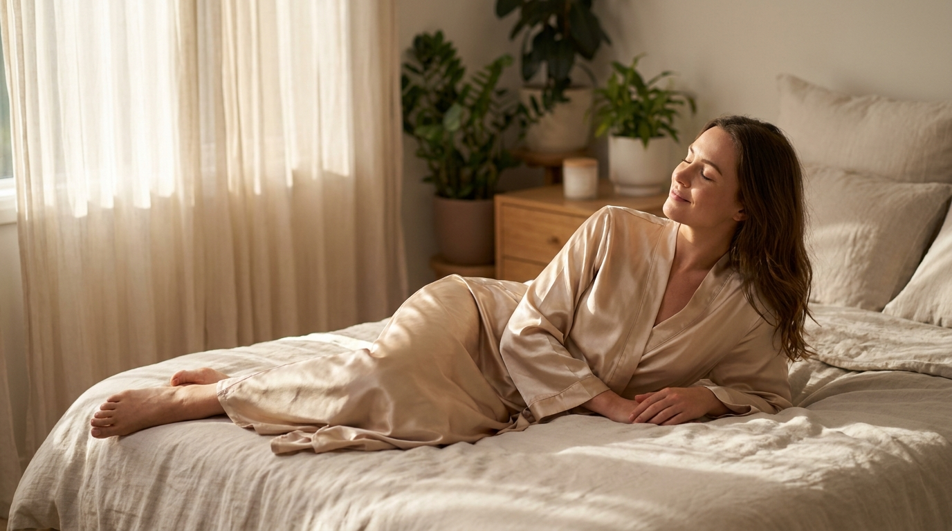 Woman resting peacefully in silk sleepwear in softly lit bedroom