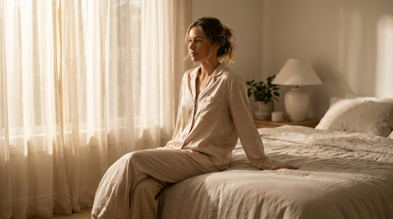 Woman sitting comfortably on bed in luxurious silk pajamas with natural draping