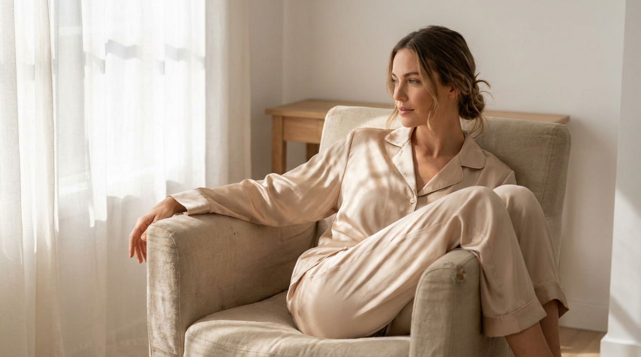 Woman wearing champagne silk pajamas in sunlit bedroom