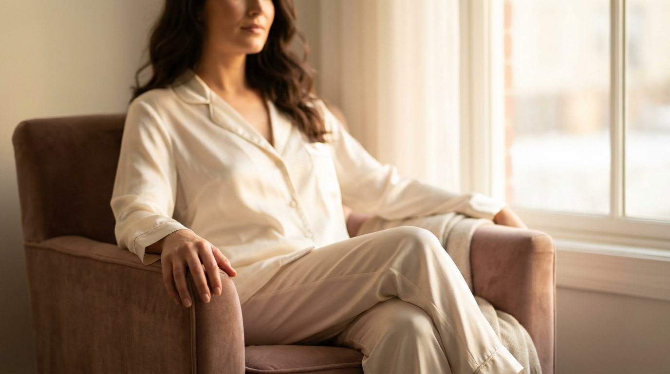 Woman wearing ivory silk pajamas seated comfortably in morning light