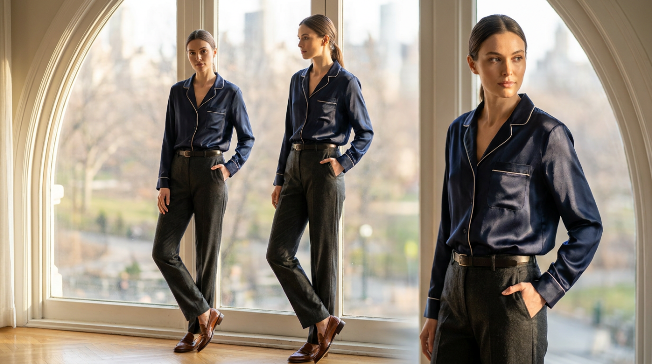 Woman wearing silk pajama shirt styled with structured daytime accessories in natural light