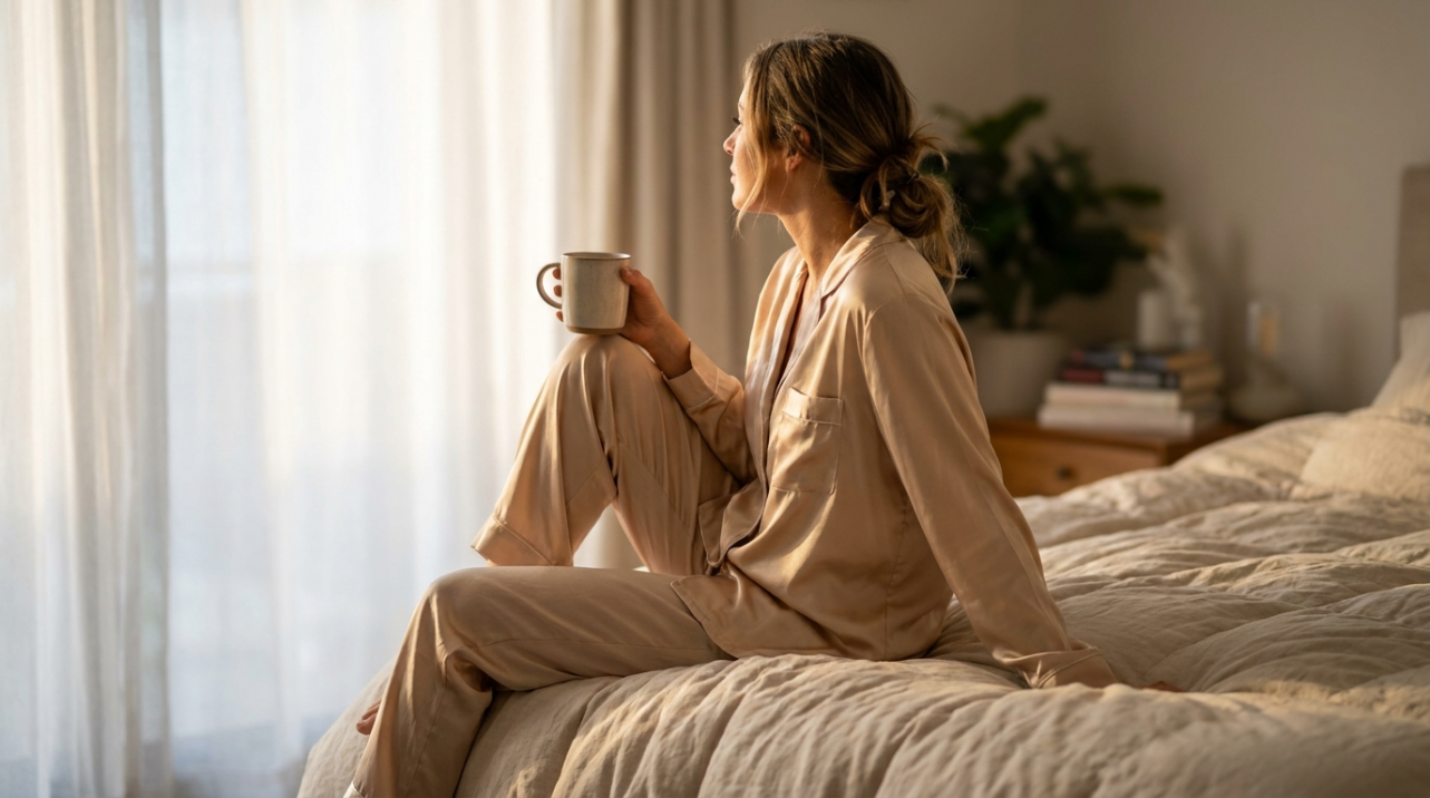 Woman wearing silk pajamas in natural morning bedroom light