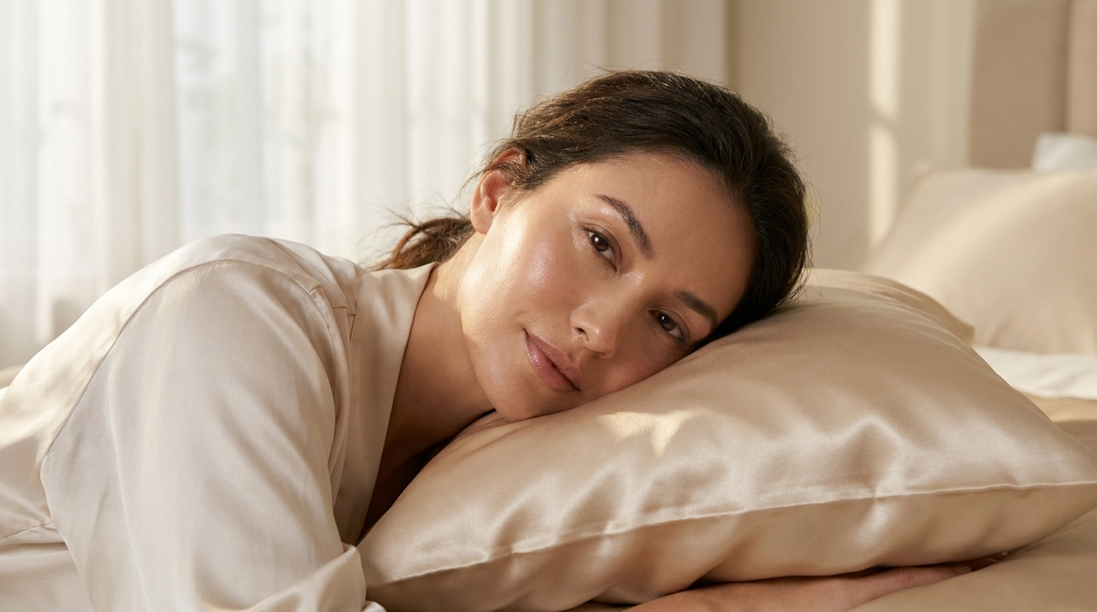 Woman with glowing skin resting on silk pillowcase in soft morning light