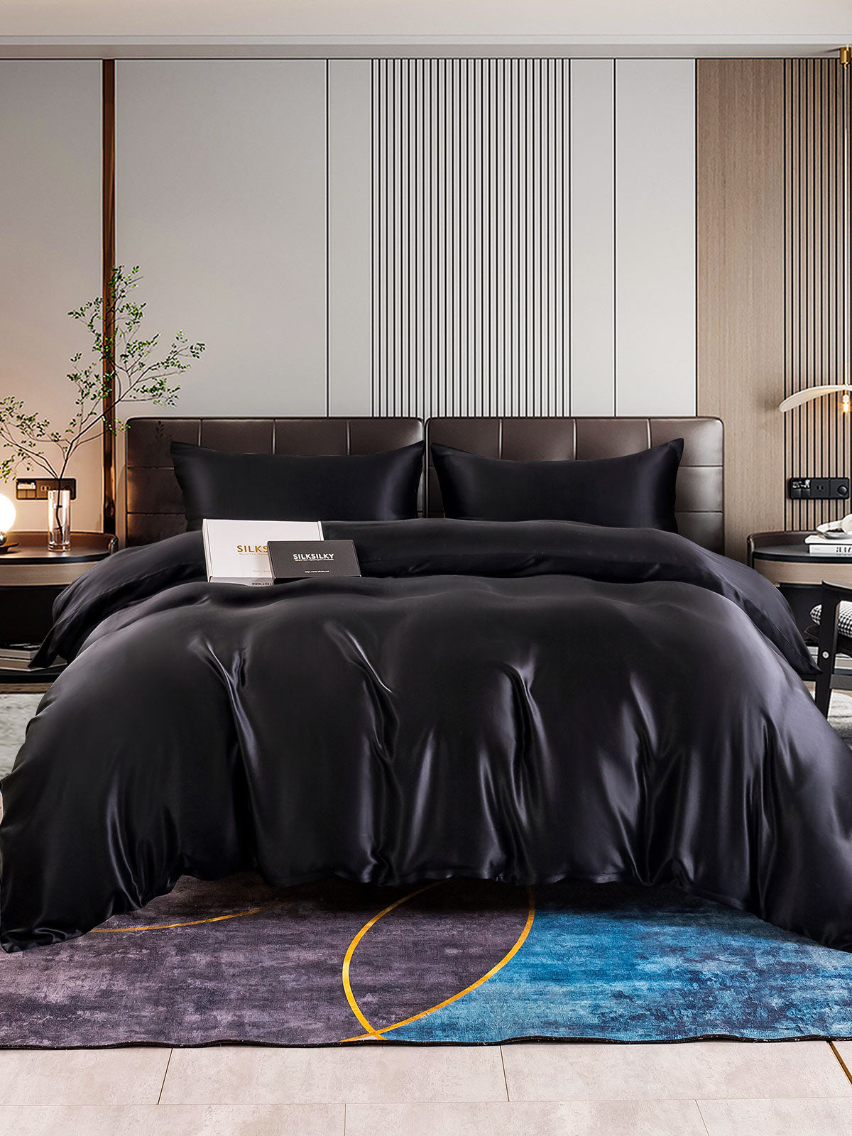 22Momme 4Pcs Silk Set Duvet Cover+Fitted Sheet+2x Pillowcases - [Black] SilkSilky  22Momme Bedding Set 001