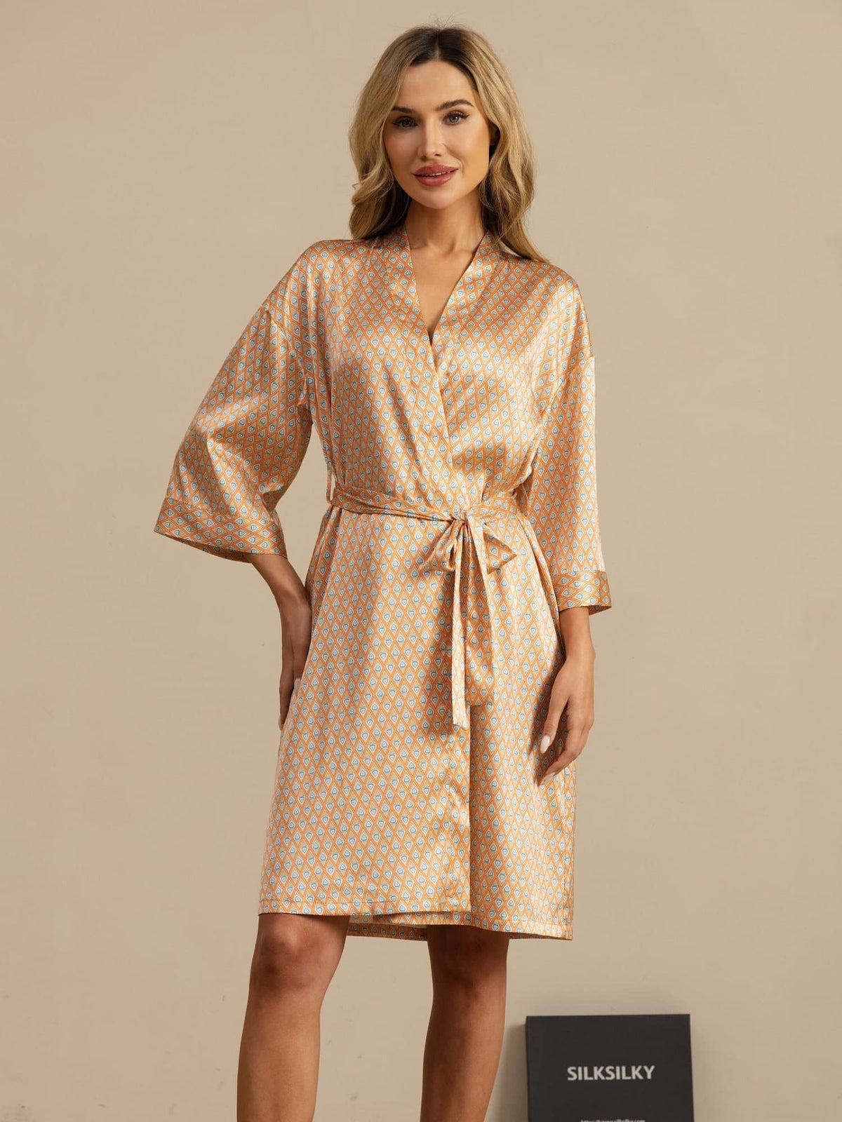 Pure Silk Women’s Knee Length Kimono Heart Geo Printed Robe With Belted Design - Heart geo print silk kimono robe with belted waist and 3/4 sleeves