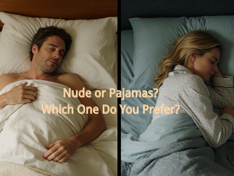 Comparison of a man sleeping nude and a woman resting comfortably in patterned silk pajamas.