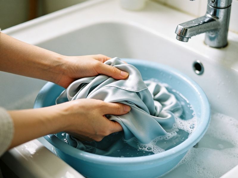 Hands gently cleaning light blue silk shirt in a basin of soapy water carefully.