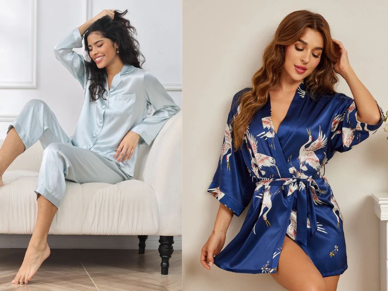 Woman in light blue sleep shirt on sofa and woman in blue crane-patterned robe.