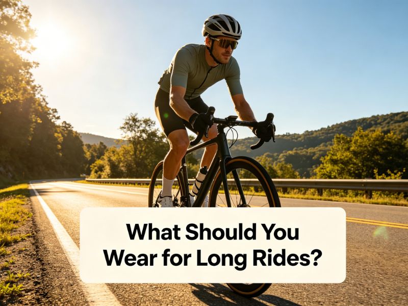 Cyclist riding on a sunny road wearing technical gear, a title below written "What Should You Wear for Long Rides".