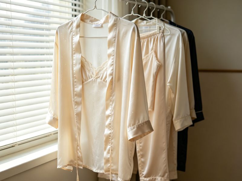 Lace-trimmed cream silk pajamas sets hang on a rack near a bright window with horizontal blinds.
