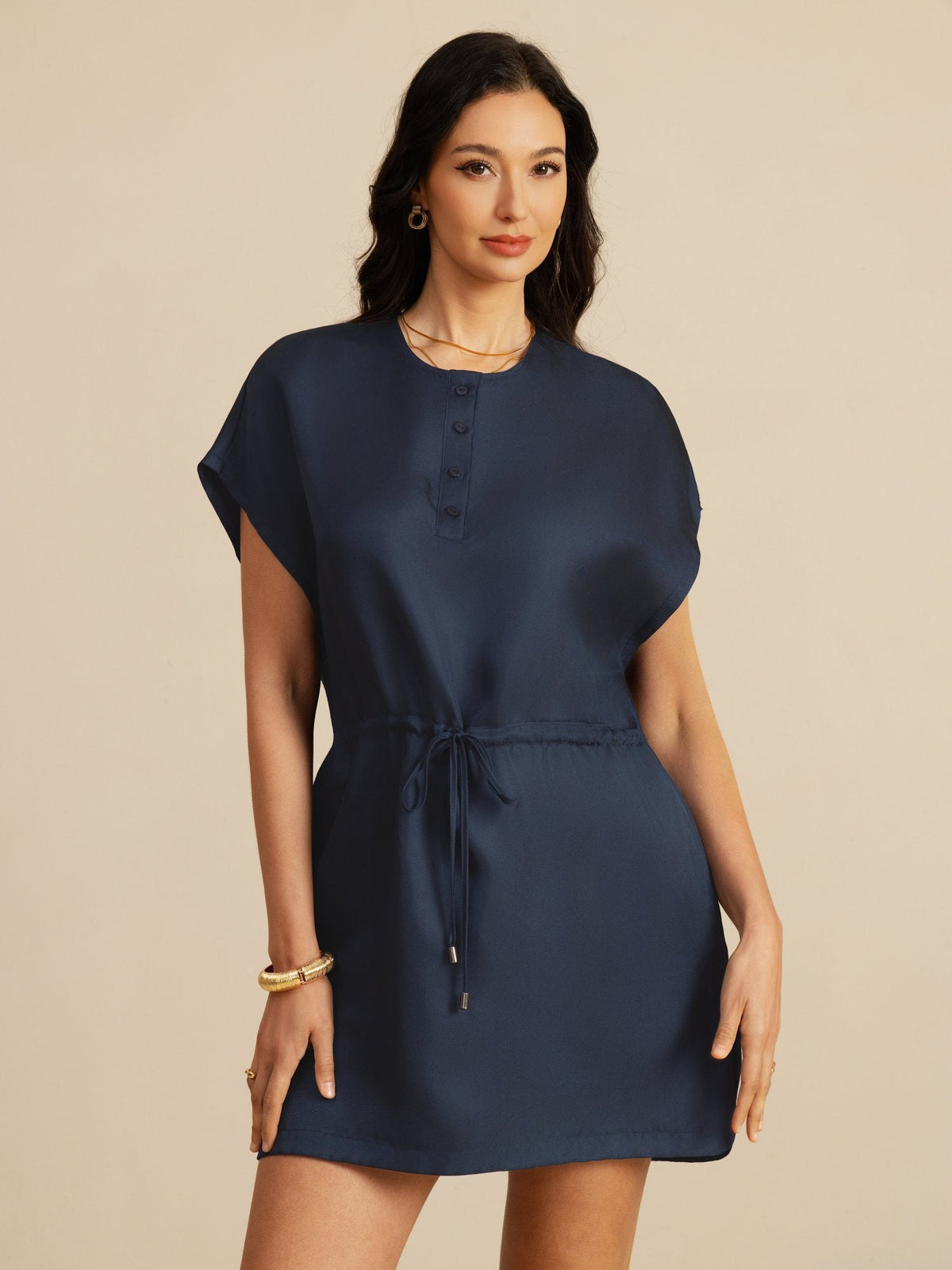 [Dark Blue] Navy 100% mulberry silk henley neck short dress with cap sleeves and drawstring waist 001