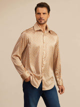 Men's orange geometric print silk lapel collar shirt with button front
