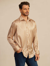 Men's orange floral geometric silk shirt with lapel collar and long sleeves