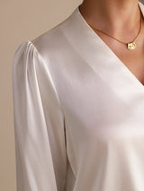 [White] SilkSilky  Long Sleeve Wrap Women's Blouse 004