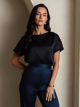 [Black] SilkSilky  Short Sleeve Boat Neck Women's T-Shirt 004