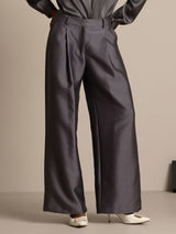 Dark gray silk-wool blend wide-leg women's pants with high waist and side pockets