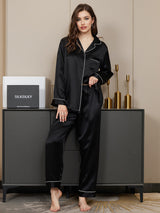 [Black] SilkSilky  Long Sleeve Lapel Collar Women's Pajamas 001